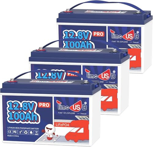 Timeusb Bateria LiFePO4 12V 100Ah Pro,Batería de Litio 1280Wh con BMS 100A,10 Años de Vida,Baterías litio de 15000 ciclos para Autocaravana,Sistema Solar,Barco,Camping(Paquete de 3)