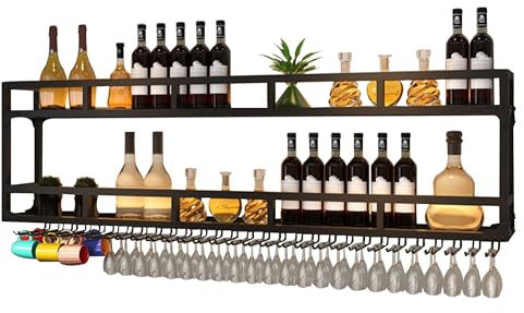 Wall Wine Rack Floating Bar Shelves Wall Mounted with LED Light Liquor Bottle Display Shelf with Hanging Wine Glass Rack Kitchen Wall Shelf Liquor Cabinet Bar Stand for Home Bar Cafe Restaurant(Black,