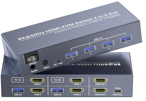 Switch KVM HDMI 8K60Hz 4K120Hz 2 Monitor 2 Computer, USB 3.0 Dual Monitor HDMI KVM Switch per il controllo di 2 PC con 1 set di tastiera, mouse e 2 monitor