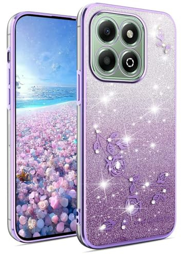 YUEQIAN Cover Glitter per Honor X6b, Ultra Sottile Brillantini Molle TPU Silicone Antiurto Custodia, Moda Brilla Diamante Fiori Donna Trasparente Case. Viola