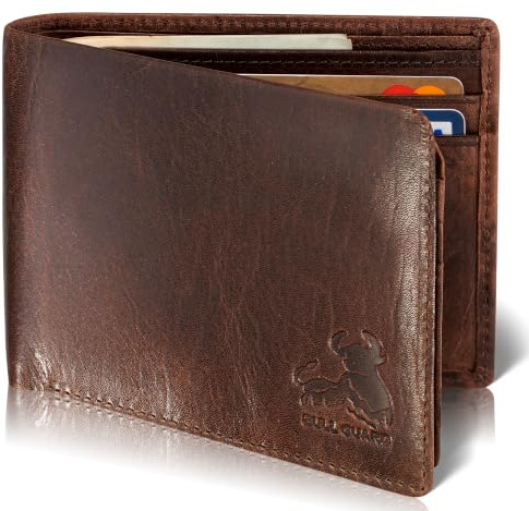 RFID Bifold Leather Wallet For Men with Flip Up ID in Vintage Buffalo Brown, Wild Heritage Burgundy, Classic Bifold Size, Bifold Style With Flip Up Id