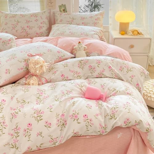 Freyamy Housse de Couette Fleurie 220x240+2 Taie d'oreiller 65x65 Blanc Rose Vert Feuilles Floral Parure de lit 2 Personnes Adulte Fleurs Sets de Housse Couette en Microfibre avec Fermeture Éclair