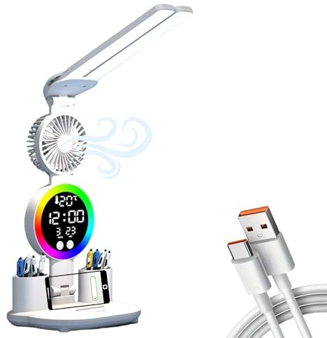 Utilify | Lámpara Escritorio Oficina LED RGB con Ventilador Silencioso, Reloj y Termómetro, 3 Modos de Luz, Control Táctil, USB-C, Batería 3200mAh, Ideal Estudio Juvenil