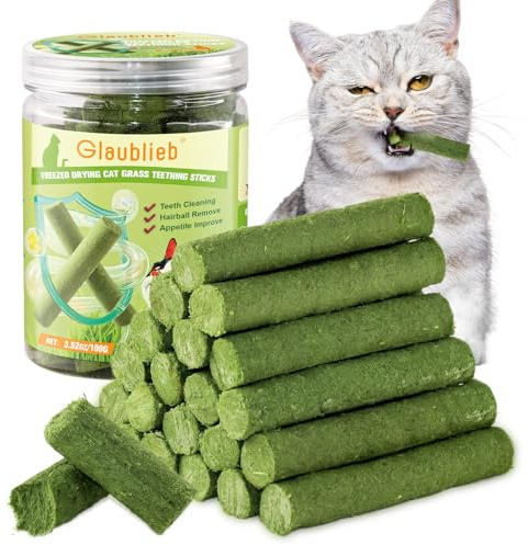 Glaublieb 100g Cat Grass Teething Stick, Freezed Dried Cat Grass Sticks Snacks for Cats, Edible Cats Treats for Teeth Cleaning and Hairball Removal
