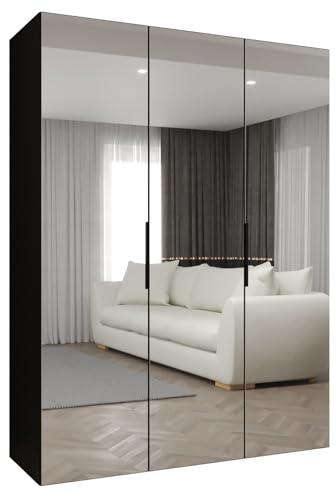 MEBLE KRYSPOL - Kleiderschrank mit Spiegel - Drehtürenschrank - Schrank 150x202x52cm - Garderobenschrank Schlafzimmer, Flur, Jugendzimmer - Farbe Schwarz, Griff Schwarz - Marbella 3 150