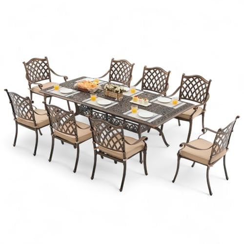9 Piece Cast Aluminum Outdoor Dining Set, Retro Patio Dining Furniture Set for 8 Includes 86.6’’ Rectangular Table 8 Lattice Chairs with Thicker Cushion and Umbrella Hole for Porch Poolside Garden