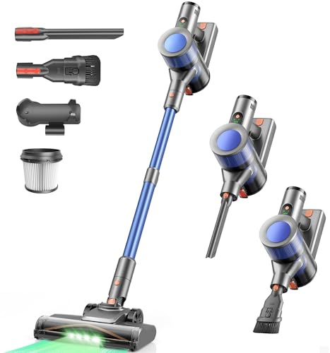 Dzaki Aspirapolvere Senza Fili 50KPa/55Min, Scopa Elettrica con Luce LED Verde, Spazzola Antigroviglio, Display LED, Autoportante, HEPA 5 Stadi, 2,7kg per Pavimenti/Tappeti/Peli Animali