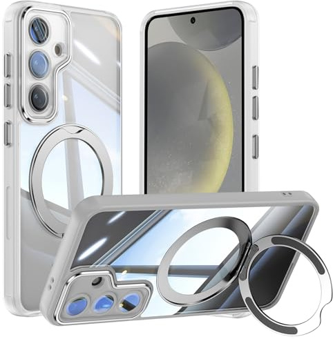 Vanki für Samsung Galaxy S24 5G Hülle Kompatibel mit Mag-Safe mit Ständer S24 Handyhülle Magnetisch mit 360°Ring Ständer Transparente Sturzschutz für Samsung S24 Schutzhülle (Weiß)