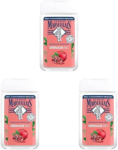 Le Petit Marseillais | Gel Douche Extra Doux Grenade Bio (flacon de 250 ml) – 92% d'ingrédients d'origine naturelle – pH neutre pour la peau et sans colorant (Lot de 3)