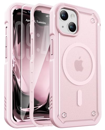 ORETECH Coque Magnétique pour iPhone 14 6,1 Pouces, Compatible avec Mag-Safe, avec 2 Verre Trempé Protection écran, Etui Mat Translucide Fine Antichoc Coque pour iPhone 14 Rose Clair