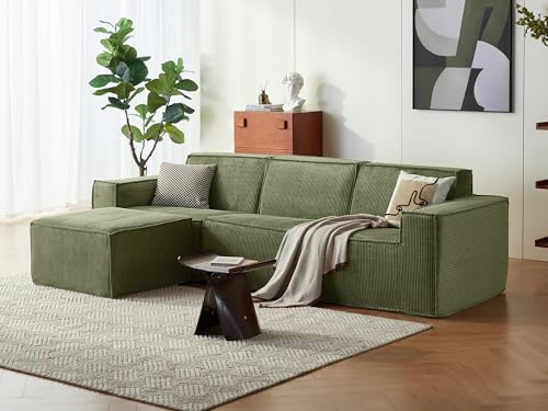 LINSY HOME Ecksofa mit Schlaffunktion - 266cm Modulares Schlafsofa, L Form Couch, Sektionssofas für Wohnzimmer, Keine Montage erforderlich (Cord, Olivgrün, 3 Sitze mit Ottomane)