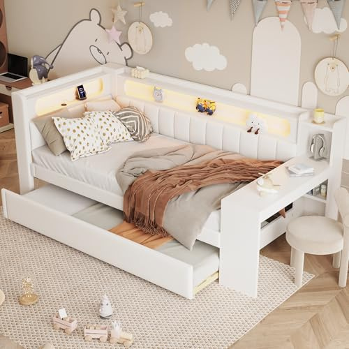 Xwiny Tagesbett 90x200 cm, Schlafsofa mit USB-Anschlüssen und LED-Gürtel, Daybett mit Ausziehbett und Schreibtisch, Lattenrost aus Holz, Weiß (Ohne Matratze)