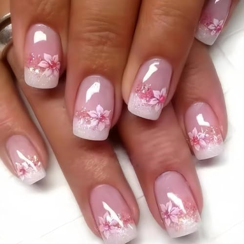CurvLife Short Square Ombre Press On Nails, Silver Bloom Pink, Soft Gel | 32PCS in 16 Sizes, Salon-Quality Fake Nails, Curved Fit, Glue-On Nails with 7-14 Day Wear, Reusable Stick-On Nails