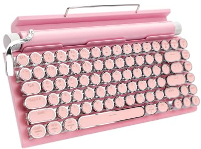OUSEITECH Retro Typewriter Keyboard with Knob, 83-Key 75% layout Wirless Mechanical Keyboard (BT5.0/USB-C), Hot-Swap,14 Backlight Effects,Clicky‑switch, for WIN/MAC/Android/ios, QWERTY-US (Pink)