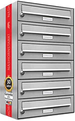 AL Briefkastensysteme 6er Briefkastenanlage Edelstahl, Premium Briefkasten DIN A4, 6 Fach Postkasten modern Aufputz