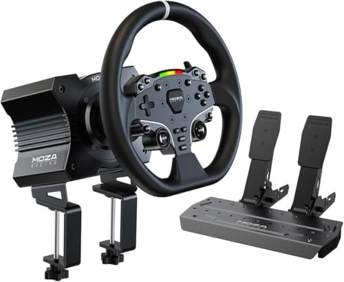 MOZA R5 All-in-One PC Gaming Racing Simulator: 5.5Nm Direct Drive Wheel Base, 11-inch Racing Wheel, Anti-Slip Pedals and a Desk Clamp, Cloud-based App Control