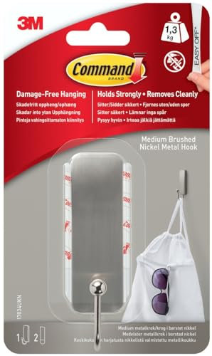 Command Medium Brushed Nickel Hook - 1 Hook, 2 Adhesive Strips - Hang Jackets, Purses, Handbags, Backpacks, Hats, Scarves, Dog leads - Organise Damage Free