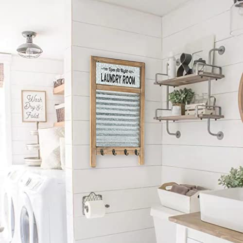 EMAX HOME Verzinktes Waschbrett, Waschbrettschild mit Handtuchhaken, Waschküchen-Dekoration, großes Bauernhaus, Metall und Holz, Waschbrett für Waschküche, Vintage-Dekor, Waschküche, Wanddekoration