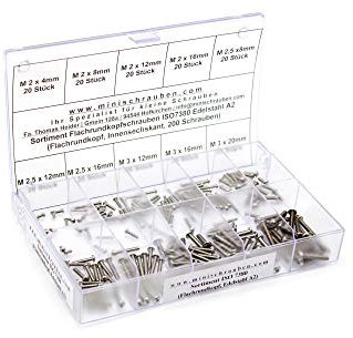Sortimentskasten mit 200 Stück kleinen Flachrundkopfschrauben nach ISO7380 aus Edelstahl A2 (M2, M2,5 und M3), Sechskantkopf. Minischrauben Sortiment inkl. beschrifteter Box