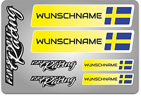 4er Set Aufkleber mit Fahne Flagge und wahlweise Name Sticker für Auto Fahrrad Motorrad Roller Helm im Rallye Racing Design R156 (26 Schweden, Mit Wunschname)