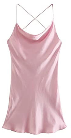 SDSVFG Robe courte en satin à bretelles spaghetti pour femme, rose, S