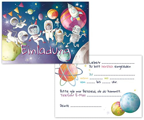 Einladungskarten Weltraum Kindergeburtstag – 12x coole Weltall Geburtstagseinladungen für Mädchen & Jungen bis 12 Jahre – universelle Einladung Karte, Partyeinladung Einschulung und Geburtstag