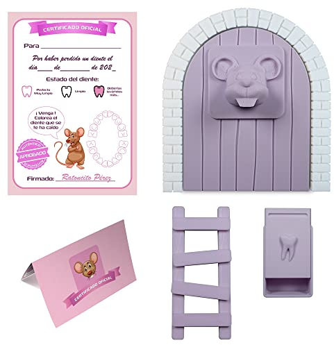 Myfuturshop® Ratoncito Pérez Puerta mágica, Caja para el Diente, Escalera, 4 certificados de Diente Limpio. Regalo Original para niño y niña. (MORADO PASTEL)