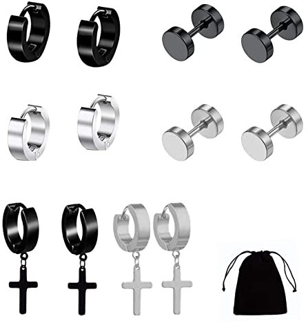 6 paia di orecchini a perno, in acciaio inox, da uomo, piccoli orecchini a cerchio, a vite, non forati, maschii