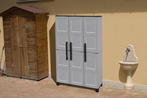 Dmora - Armoire d'extérieur Nandrin, Armoire à balais, Armoire d'extérieur 3 portes, 100% Made in Italy, 102x37h169 cm, Gris clair et noir, Finition damier