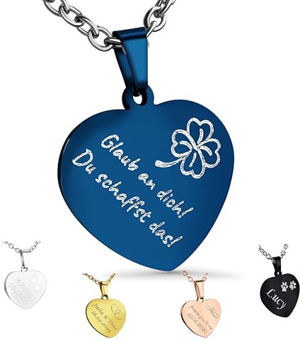 Hanessa Herz Kette in Blau – Personalisierte Halskette mit Gravur aus Edelstahl 50–60 cm – Individueller Schmuck für Frauen, Damen & Mädchen – Geschenk zum Geburtstag, Weihnachten & Hochzeitstag
