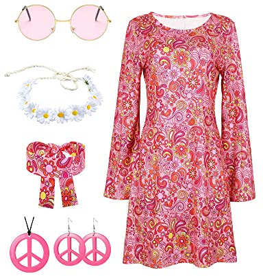 Hippie Kostüm für Damen, Erwachsene, Jahr 70, Jahr 60, Diskokleid für Damen, Kostüm Hippie Kostüm 70er Jahre, Disco-Outfit, Damen, 70er Jahre, Kleidung Zubehör XL