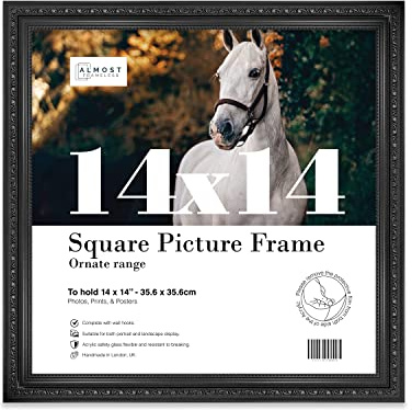 Almost Frameless 14x14 Black Ornate Picture Frame 14x14(35.6x35.6cm) Poster, Photo, Artwork, or Print. Elegant Style Portrait and Landscape Display with Wall Hooks