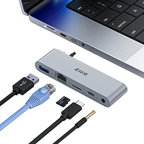 ZIKE USB C Hub - MacBook Pro USB Adapter für MacBook Pro 2023-2016, MacBook Air 2022-2016 mit 5Gbit/s Typ-C/A, TF UHS I, LAN Netzwerkanschluss und 3,5mm Audioanschluss