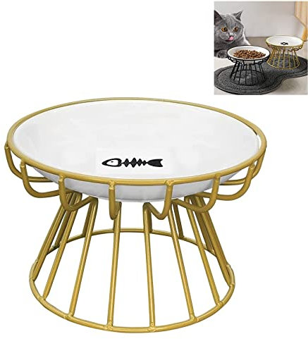 EHOTER 2023 - Plato de cerámica elevado para gatos con soporte de metal, apto para alimentos, agua, antivómitos, plato de cerámica poco profundo para gatos y perros pequeños (estante dorado, plato de