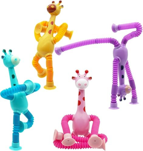 Pipihome 4 Piezas Juguetes Sensoriales de Jirafa con Ventosa, Juguete de Tubos sensoriales Niños, Juguetes Sensoriales Autismo para Aliviar el estrés y la Ansiedad