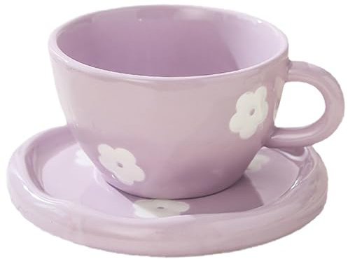 Disoza Kaffeetassen Set mit Untertasse Süße Lila Blumen Tasse Geschenke für Frauen zum Geburtstag Tee Kaffee Becher Untertasse 250 ml Keramik Tasse Geburtstagsgeschenk für Frauen Mädchen Mama Freundin