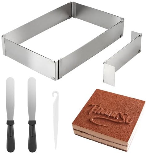 Backrahmen Rechteckig Verstellbar, Edelstahl Backform rechteckig mit Teiler & Spatel Kuchenform eckig Tortenring Backformen Eckiger Backblech Ausziehbar für Schichttorten Kuchen Torten Pizza