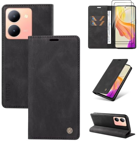 Beajew kompatibel mit vivo Y36 5G/vivo Y78 5G Hülle [Mit 2 Stück Panzer Schutz Glas] Premium Leder Stoßfest Schutzhülle Kartenfach Klapphülle Handyhülle für vivo Y36 5G/vivo Y78 5G, Schwarz
