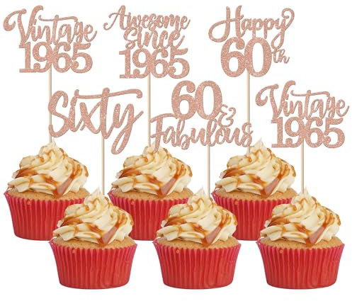 SYKYCTCY 30 Pack Vintage 1965 Cupcake Toppers Glitter Happy 60th Sixty Awesome Since 1965 Cupcake Picks 60 Fabulous Cake Decorations for 60th Birthday Wedding Anniversary Party Supplies Rose gold