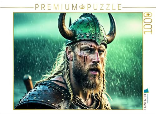 CALVENDO Puzzle Vom Kampf gezeichneter Wikinger mit gehörntem Helm im Schein des Nordlichts | 1000 Teile Lege-Größe 64 x 48 cm Foto-Puzzle für glückliche Stunden