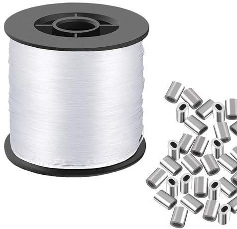 SRTSTR 200M Nylonfaden Transparent Reißfest 0.8mm Nylonschnur Angelschnur Transparent Durchsichtige Schnur mit 100 Aluminium Crimphülsen für DIY Crafting, Angel, Basteln, Schmuck, Aufhängen