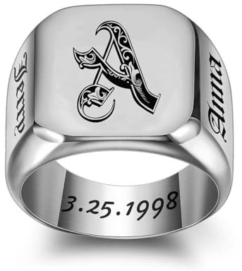 MOTICIUS Personalized Signet Rings for Men Women Engraved Ring Custom Initial Ring Mens Rings Customized Memorial Gifts for Father Husband Boyfriend Teacher (Square Silver)