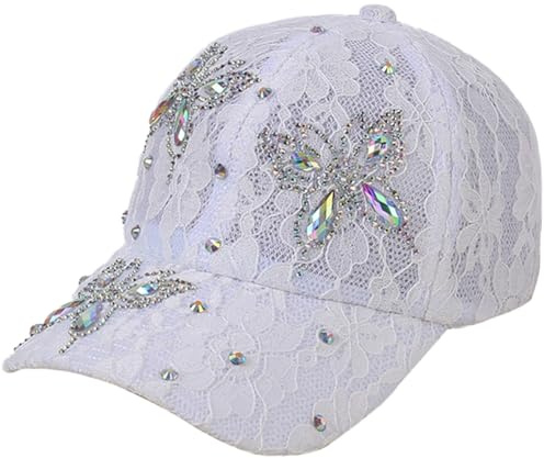 Damen-Baseballkappe mit Strasssteinen, Pailletten, Sonnenblende, Sommer, Netzstoff, Diamanten, Schmetterling, Spitze, kleine Blumenkappe