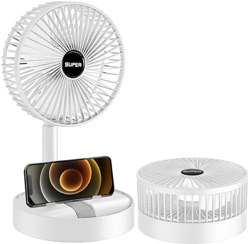 Foldable Telescopic Wireless Portable Desk Fan USB Rechargeable Built-in Battery 2000mAh Adjustable Height 3 Speeds For Outdoor Household Adjustable Mini Ventilation Fan (White)