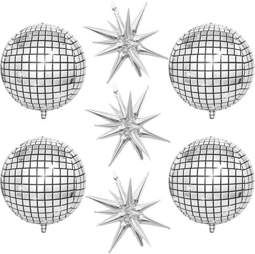 Discokugel Deko, 22 Zoll Groß 4D Silber Discokugel Folienballons with Explodieren Stern Luftballon Discokugel Luftballon Helium Ballons Foil Ballons für Retro Disco party Geburtstag Party Dekoration