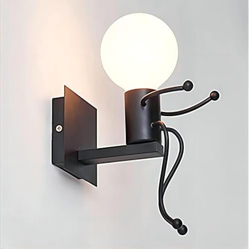 GANGUIO Wall Sconce Cartoon Indoor Wall Light E27 Creative Small Iron Man Wall Lamp Black Vintage Metal Wall Lighting Fixtures for Children's Bedroom, Corridor, Living Room (Black B)