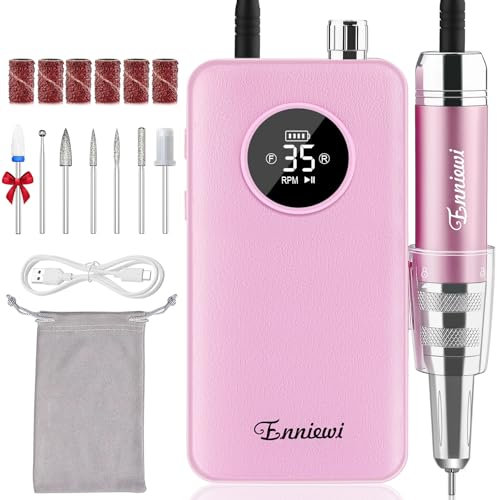 Enniewi Fresa per Unghie 35000RPM per Unghie in Gel, Trapano Elettrico Ricaricabile con Display LED, Portatile, Kit Professionale per Manicure e Pedicure per Casa e Salone, 48W, Rosa