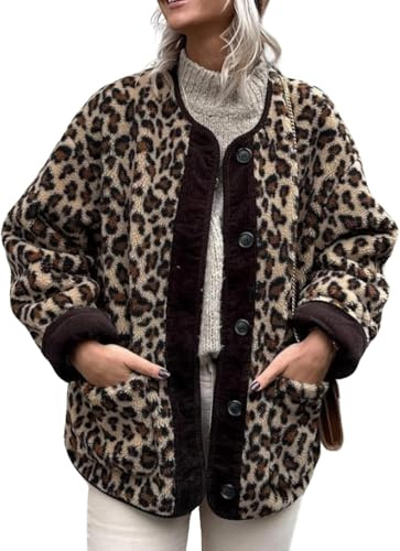 Suncadmious Giacca da Donna in Pile con Stampa Leopardata a Maniche Lunghe Bottone Giù Giacche Autunno Top con Tasche (caffè,M)