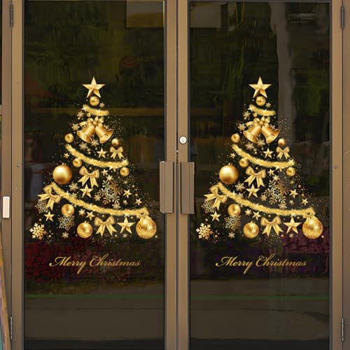 HINGTAI 2 Stück Goldene Weihnachts-Fensteraufkleber, Dekoration, Magischer Weihnachtsbaum mit Sternen, für Glas, Kunststoff, Metall, Traditionell, 2 Count