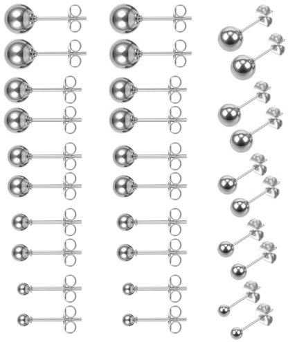 HJZHII Lot de 15 paires de boucles d'oreilles à pois unisexes en acier inoxydable - Boucles d'oreilles boules argentées - Petites boucles d'oreilles pour femmes et hommes - 3 mm, 4 mm, 5 mm, 6 mm, 7